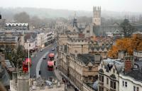 Overview on Oxford, taken from the Virgin Mary Church. A typical English street.